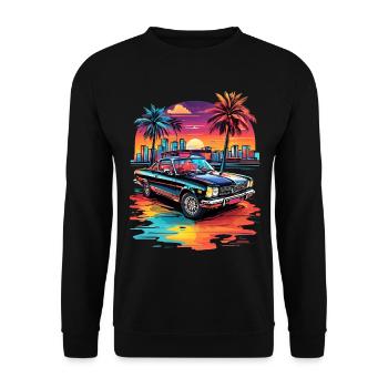 Retro Car Cruiser bei Sonnenuntergang - Unisex Pullover - Schwarz - Vorne - Alina (178cm) & Michal (187cm)