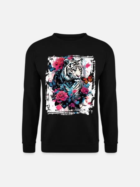 Majestätischer Tiger mit Schmetterlingen und Rosen - Unisex Pullover - Schwarz