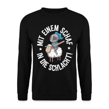 Schaf Spruch Siedler - Unisex Pullover - Schwarz - Vorne - Alina (178cm) & Michal (187cm)