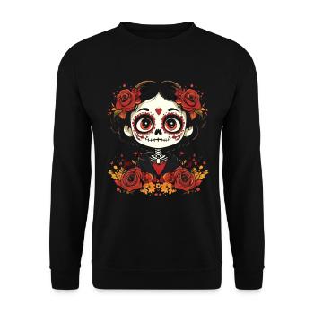 Cute Sugar Skull Face with Roses - Unisex Sweatshirt - black - Front - Alina (178cm) & Michal (187cm)