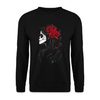 La Catrina side view with red roses - Unisex Sweatshirt - black - Front - Alina (178cm) & Michal (187cm)