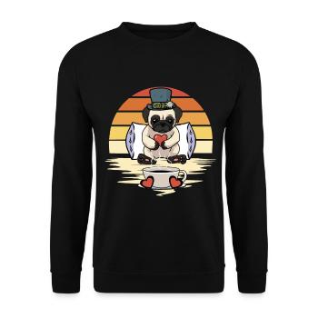 Mops Hund Hunde Guten Morgen Kaffee - Unisex Pullover - Schwarz - Vorne - Alina (178cm) & Michal (187cm)