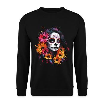 Lebhafte Catrina - Sonnenblumen Dia de los Muertos - Unisex Pullover - Schwarz - Vorne - Alina (178cm) & Michal (187cm)