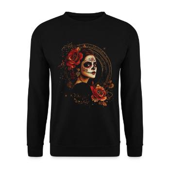 Vintage Catrina mit Rosen für Dia de los Muertos - Unisex Pullover - Schwarz - Vorne - Alina (178cm) & Michal (187cm)