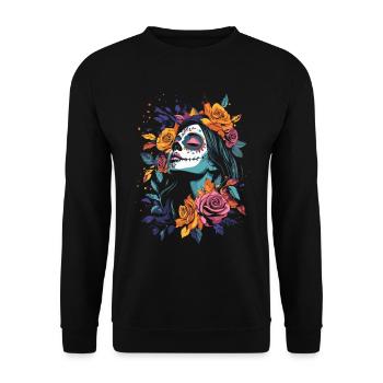 Blaue Catrina mit Blumen für Dia de los Muertos - Unisex Pullover - Schwarz - Vorne - Alina (178cm) & Michal (187cm)