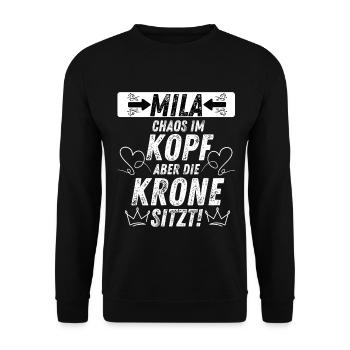 MIA Chaos Krone Frauen Empowerment Humor - Unisex Pullover - Schwarz - Vorne - Alina (178cm) & Michal (187cm)