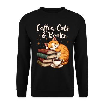 Kaffee, Katze, Buch, & Lesen, Kaffeeliebhaber - Unisex Pullover - Schwarz - Vorne - Alina (178cm) & Michal (187cm)