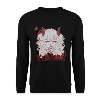 Yummy Dämonin Onigirl im Mangastil - Unisex Pullover - Schwarz - Vorne - Alina (178cm) & Michal (187cm)