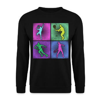 Funny Tennis Player Racket 80s 90 - Unisex Pullover - Schwarz - Vorne - Alina (178cm) & Michal (187cm)