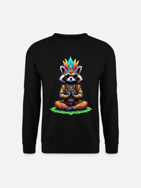 Hippie Meditation Waschbär 70er Jahre 60er Party - Unisex Pullover - Schwarz
