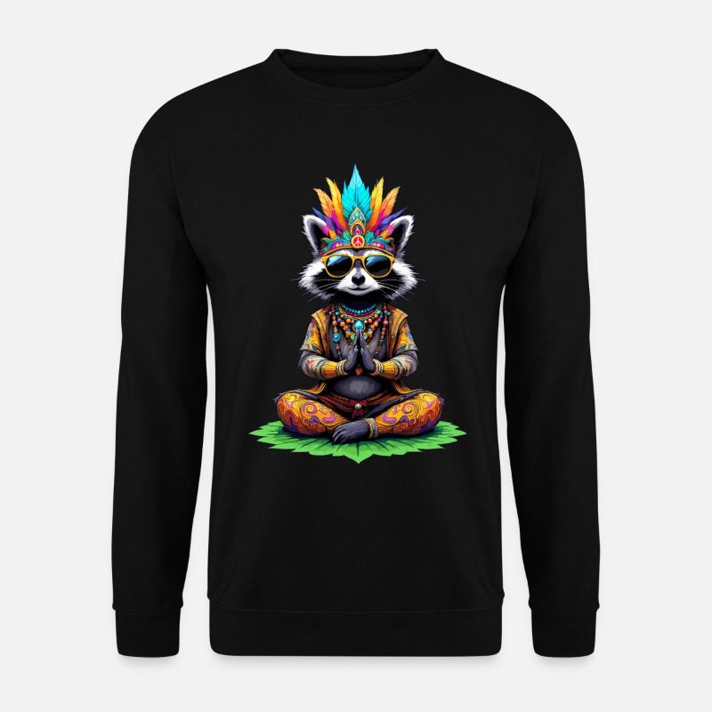 Hippie Meditation Waschbär 70er Jahre 60er Party - Unisex Pullover - Schwarz