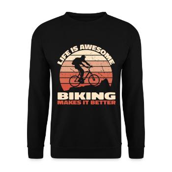 Life is Awesome – Biking Makes It Better - Unisex Pullover - Schwarz - Vorne - Alina (178cm) & Michal (187cm)