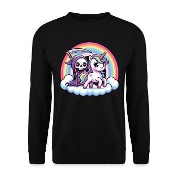 Niedliches Sensenmann und Einhorn Regenbogen - Unisex Pullover - Schwarz - Vorne - Alina (178cm) & Michal (187cm)