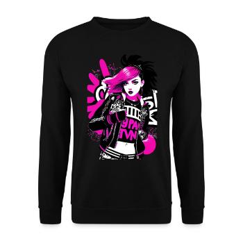Urban Punk Straßenkunst mit neonpinken Akzenten - Unisex Pullover - Schwarz - Vorne - Alina (178cm) & Michal (187cm)