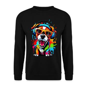 Hund mit Kopfhörer und Sonnenbrille - Unisex Pullover - Schwarz - Vorne - Alina (178cm) & Michal (187cm)