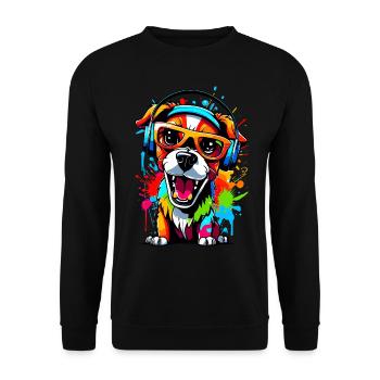 Hund mit Kopfhörern und Sonnenbrille - Unisex Pullover - Schwarz - Vorne - Alina (178cm) & Michal (187cm)