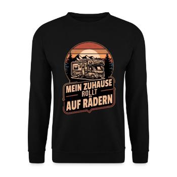 Zuhause Rollt Auf Rädern Wohnmobil Retro Camper - Unisex Pullover - Schwarz - Vorne - Alina (178cm) & Michal (187cm)