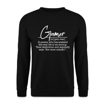 Gamer Definition Fünf Minuten mehr Zocken Gaming - Unisex Pullover - Schwarz - Vorne - Alina (178cm) & Michal (187cm)