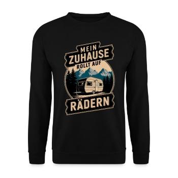 Zuhause Rollt Auf Rädern Retro Camping Wohnwagen - Unisex Pullover - Schwarz - Vorne - Alina (178cm) & Michal (187cm)