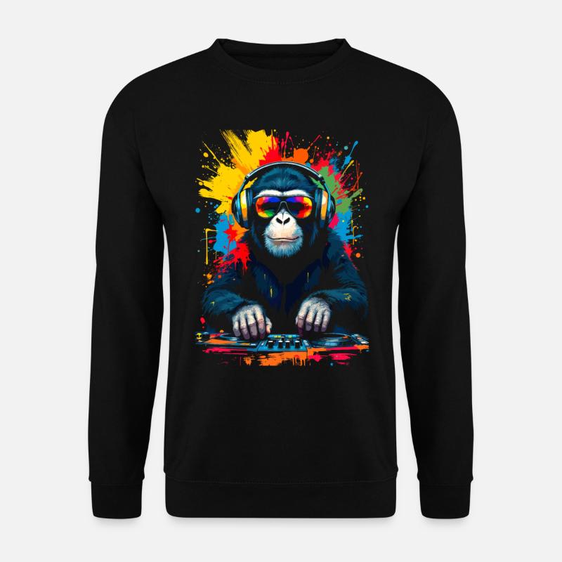 Affe als DJ, Turntable, Disco Discjockey EDM Party - Unisex Pullover - Schwarz
