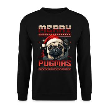 Merry Pugmas Ugly Christmas Mops Weihnachtsmütze - Unisex Pullover - Schwarz - Vorne - Alina (178cm) & Michal (187cm)