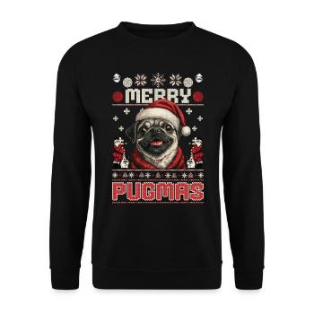 Ugly Christmas Merry Pugmas Mops Partner - Unisex Pullover - Schwarz - Vorne - Alina (178cm) & Michal (187cm)
