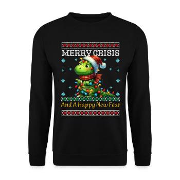 Merry Crisis Dino Weihnachten Ugly Christmas - Unisex Pullover - Schwarz - Vorne - Alina (178cm) & Michal (187cm)