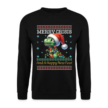 Dino Ugly Christmas Merry Crisis Weihnachten - Unisex Pullover - Schwarz - Vorne - Alina (178cm) & Michal (187cm)