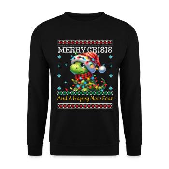 T-Rex Ugly Christmas Merry Crisis Weihnachten - Unisex Pullover - Schwarz - Vorne - Alina (178cm) & Michal (187cm)