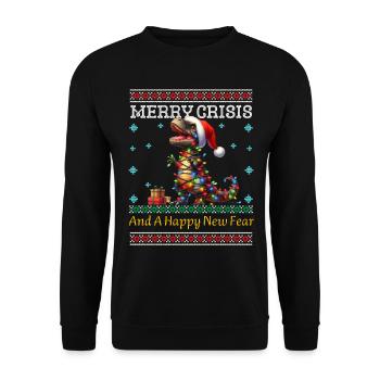 Merry Crisis Ugly Christmas Dino Weihnachten - Unisex Pullover - Schwarz - Vorne - Alina (178cm) & Michal (187cm)