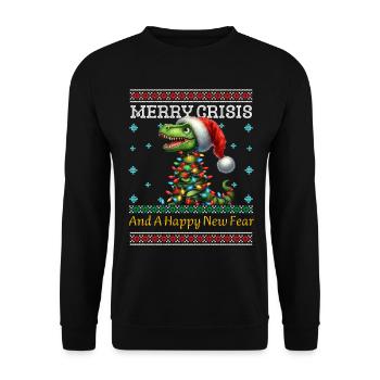 Weihnachten T-Rex Merry Crisis Ugly Christmas - Unisex Pullover - Schwarz - Vorne - Alina (178cm) & Michal (187cm)