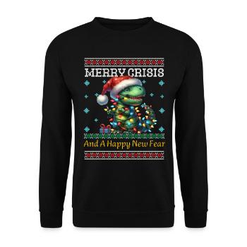 Dino Merry Crisis Ugly Christmas Weihnachten - Unisex Pullover - Schwarz - Vorne - Alina (178cm) & Michal (187cm)
