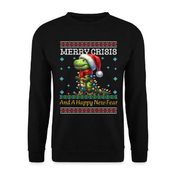 Dino Ugly Christmas Merry Crisis Weihnachten - Unisex Pullover - Schwarz - Vorne - Alina (178cm) & Michal (187cm)