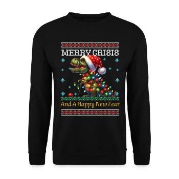 T-Rex Merry Crisis Weihnachten Ugly Christmas - Unisex Pullover - Schwarz - Vorne - Alina (178cm) & Michal (187cm)