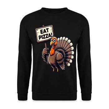 Lustiges Truthahn "Pizza essen" Design - Unisex Pullover - Schwarz - Vorne - Alina (178cm) & Michal (187cm)