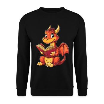 Fröhlicher roter Drache Fantasie für Buchliebhaber - Unisex Pullover - Schwarz - Vorne - Alina (178cm) & Michal (187cm)
