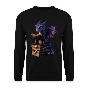 Lila Drache mit Büchern – Magie für Leseratten - Unisex Pullover - Schwarz - Vorne - Alina (178cm) & Michal (187cm)