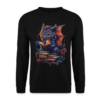 Lila Drache mit Brille Fantasie für Bücherfreunde - Unisex Pullover - Schwarz - Vorne - Alina (178cm) & Michal (187cm)