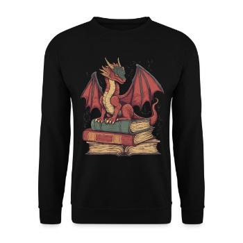 Roter Drache auf Büchern – Fantasie für Leser - Unisex Pullover - Schwarz - Vorne - Alina (178cm) & Michal (187cm)