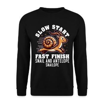 LANGSAMER START, SCHNELLER ABSCHLUSS - SCHNECKE UND ANTILOPE - Unisex Pullover - Schwarz - Vorne - Alina (178cm) & Michal (187cm)