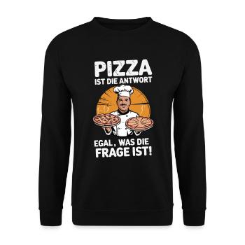 Pizza ist die Antwort, egal was die Frage ist - Unisex Pullover - Schwarz - Vorne - Alina (178cm) & Michal (187cm)