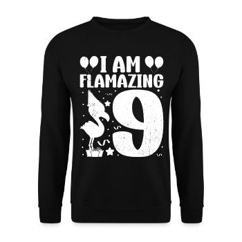 Je suis Flamazing 9 ans Flamingo Anniversaire - Sweat-shirt Unisexe - noir - Devant - Alina (178cm) & Michal (187cm)