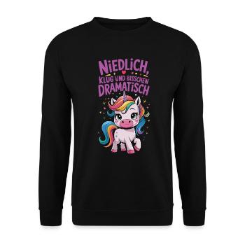 Niedlich, Klug und Dramatisch Einhorn - Unisex Pullover - Schwarz - Vorne - Alina (178cm) & Michal (187cm)