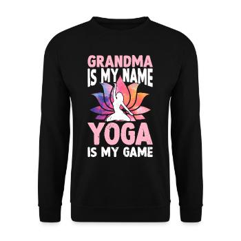 Mamie c’est mon nom Le Yoga c’est mon jeu - Yoga Mamie - Sweat-shirt Unisexe - noir - Devant - Alina (178cm) & Michal (187cm)