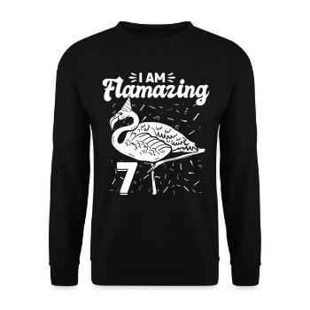 I am Flamazing 7 Years - Flamingo 7th Birthday - Unisex Pullover - Schwarz - Vorne - Alina (178cm) & Michal (187cm)