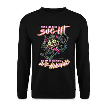 Crazy Katze am Rande des Wahnsinns Comic Stil - Unisex Pullover - Schwarz - Vorne - Alina (178cm) & Michal (187cm)