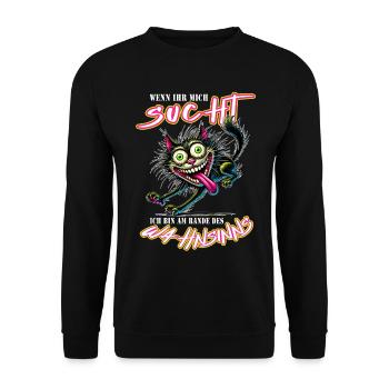 Crazy Katze am Rande des Wahnsinns Comic Stil - Unisex Pullover - Schwarz - Vorne - Alina (178cm) & Michal (187cm)