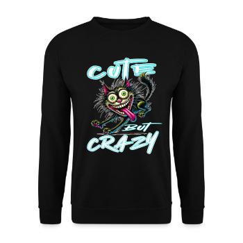 Cute but Crazy Katze Comic Stil lustiges Motiv - Unisex Pullover - Schwarz - Vorne - Alina (178cm) & Michal (187cm)