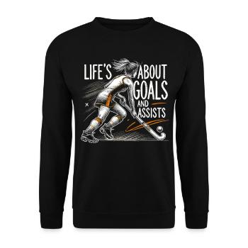 Feldhockey, Feldhockeyspielerin Life's About Goals - Unisex Pullover - Schwarz - Vorne - Alina (178cm) & Michal (187cm)