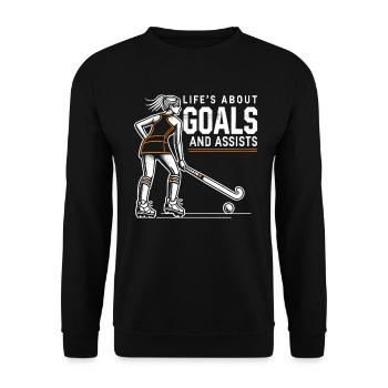 Feldhockey, Feldhockeyspielerin Life's About Goals - Unisex Pullover - Schwarz - Vorne - Alina (178cm) & Michal (187cm)